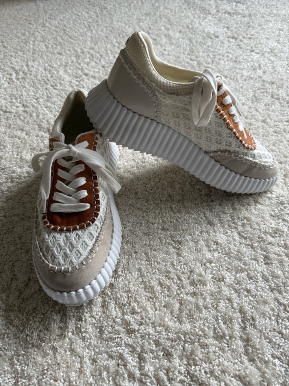 J Slides Cream and Brown Platform Lace-Up Sneakers